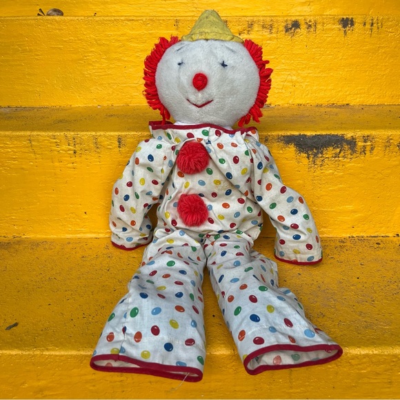 Vintage Clown Stuffed Animal Red Yarn Hair Polkadot Onsie Jumpsuit Toy Clown - Picture 1 of 9